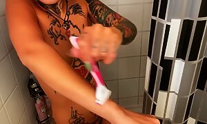 Full Body Shower Shave.. Petite Brunette, Hairy Pussy, Hairy Legs, Hairy Armpits